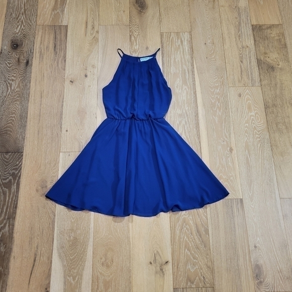 Navy Blue Halter Neck Sleeveless Fit and Flare Party Dress - Picture 4 of 7